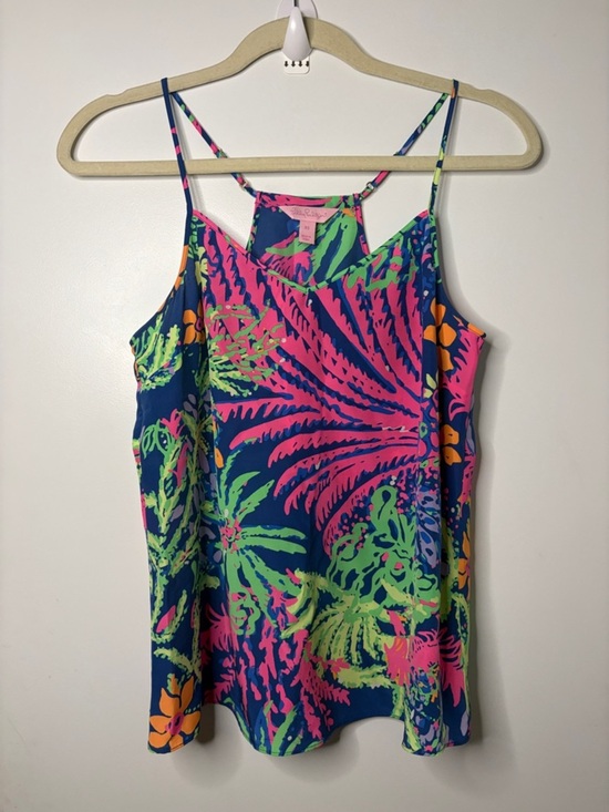 Lilly Pulitzer Tops - LILLY PULITZER 100% SLIK DUSK RACERBACK TAN NEON FLORAL PRINT SIZE XS